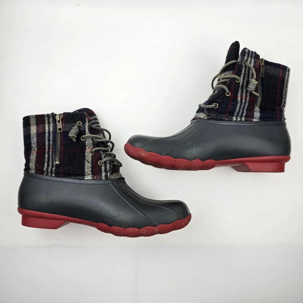 Sperry Saltwater Duck Boots Womens‎ 10 M Blue Red Wool Plaid Waterproof Rubber
